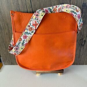 Orange Leather Shoulder Bag with Floral Strap
